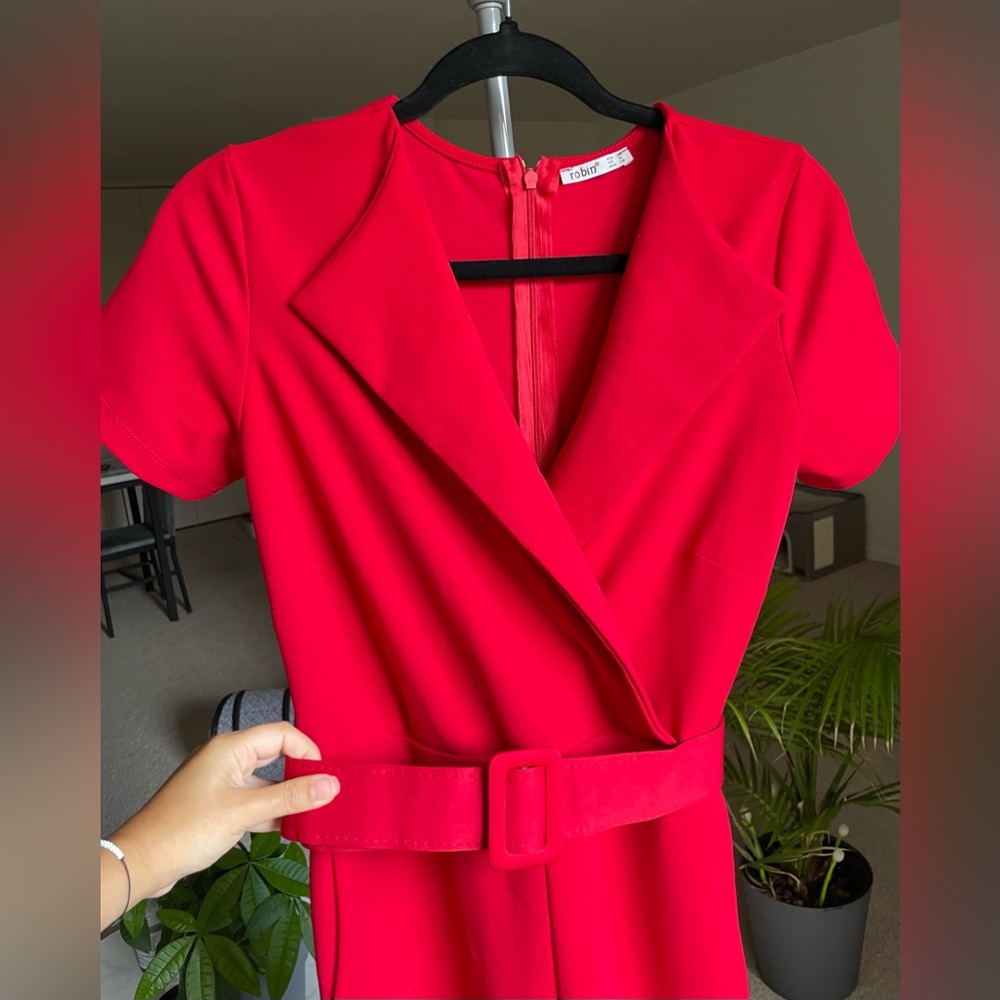 Red jumpsuit- very flattering